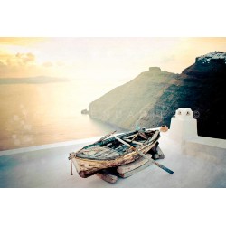 Sunset photography, boat on seaside in Greece